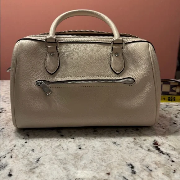 COACH Cream Leather Satchel with Lavender Checker Strap and Card Case